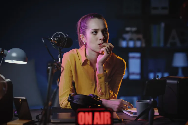 Tired radio host in the studio